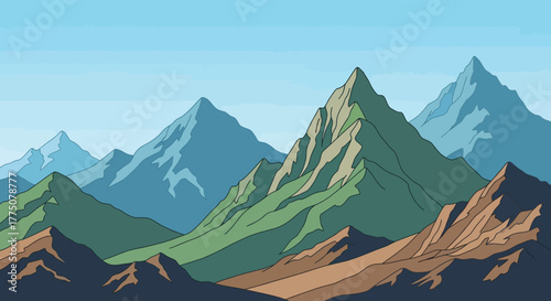 Vibrant pixel art landscape featuring jagged mountain peaks under a clear blue sky