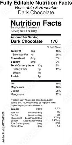 Dark chocolate nutrition facts label design
