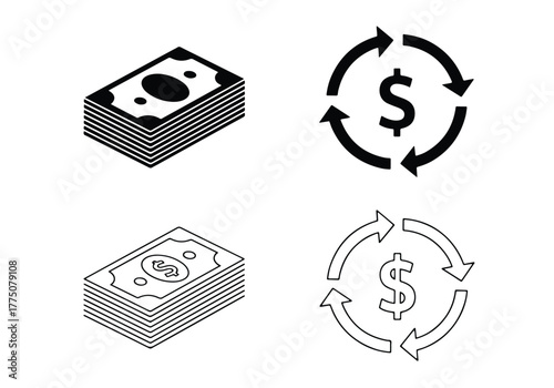 Financial icons stacked money and dollar cycle arrows - Vector icon symbol for website - Icon vector - Blue icon vector - Line and glyph solid icon set