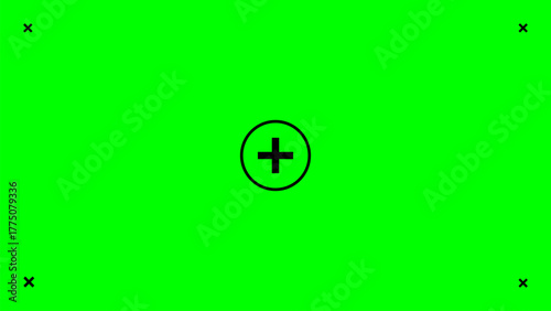 Green screen with central plus sign and four corner X marks, designed for chromakey tracking, motion capture, compositing, and visual effects alignment in post production.