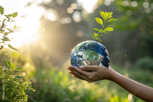 Person holding miniature Earth with plant in bright sunlight