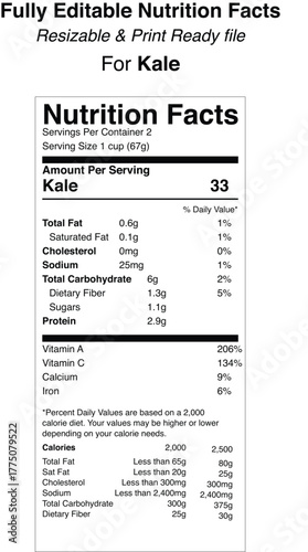 Kale nutrition facts label design with ingredient information