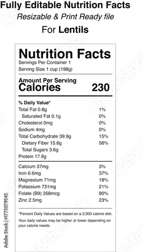 Lentil nutrition facts label design with ingredient information