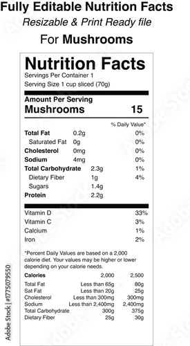 Mushroom nutrition facts label design with ingredient information