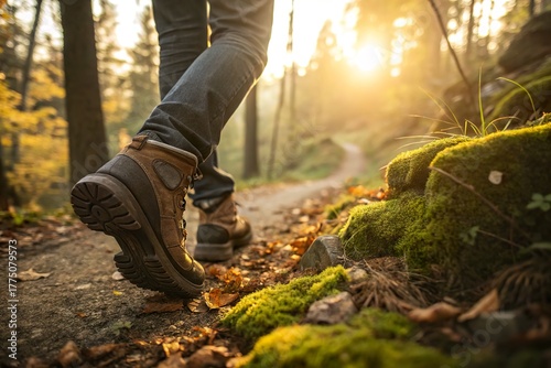 Person wearing hiking boots walking on forest trail at sunrise