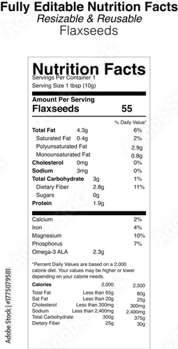 Flaxseed nutrition facts label design with ingredient information