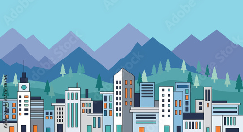 Modern cityscape with mountains and trees in the background flat design illustration