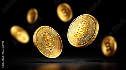 Floating bitcoin coin digital currency gold finance investment cryptocurrency black background futuristic wealth technology shiny modern economic virtual success business innovation concept