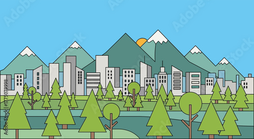 Modern cityscape with green trees and majestic mountains under a clear blue sky