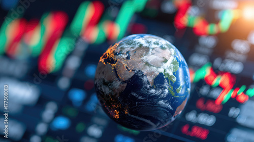 Globe dynamic market ticker finance investment data global economy colorful digital technology business trading growth analysis chart economic world international earth financial futuristic
