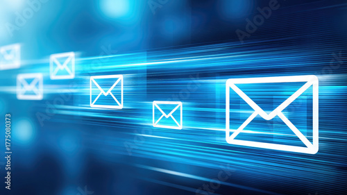 Digital envelope icon fast moving mail blue background communication technology speed glowing abstract modern futuristic dynamic connection network data transfer innovation concept energy motion