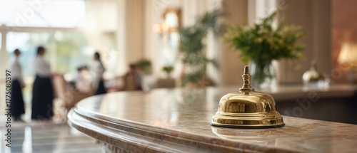 The brass service bell on a polished hotel reception desk with blurred staff