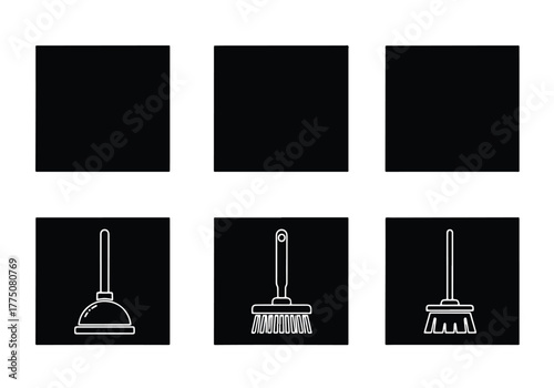 Collection of six cleaning tools icons with handles - Vector icon symbol for website - Icon vector - Blue icon vector - Line and glyph solid icon set