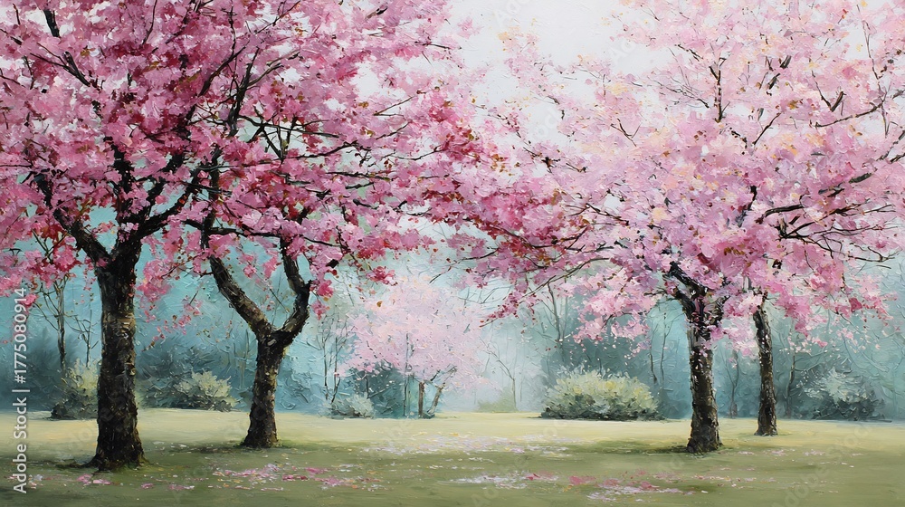 Obraz premium Oil painting of vibrant pink cherry blossom trees blooming in a peaceful park, featuring visible brushstrokes and scattered petals on green grass.