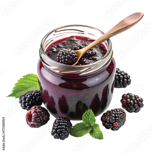 Blackberry Jam Jar Display: Homemade blackberry jam in glass jar with lid open and spoon dipped, cozy homemade style, PNG cut out.