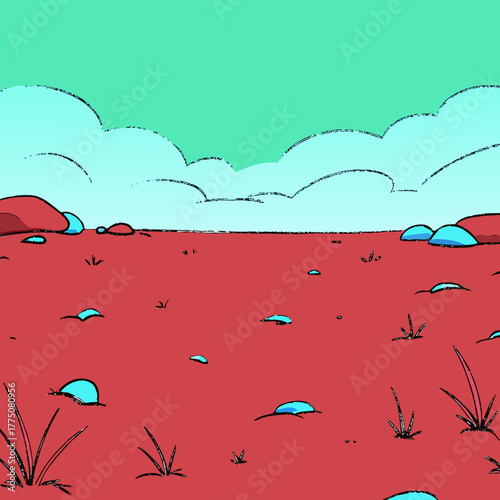 A desolate landscape with red ground, blue rocks, sparse vegetation, and a cloudy sky in a cartoon style