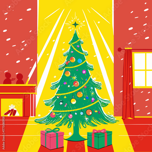 A festive christmas tree stands tall, adorned with ornaments and gifts, casting a warm glow in the room