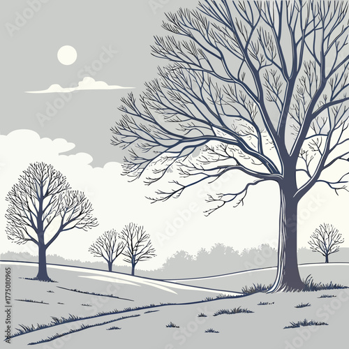A grayscale landscape with bare trees and a moonlit sky in the background