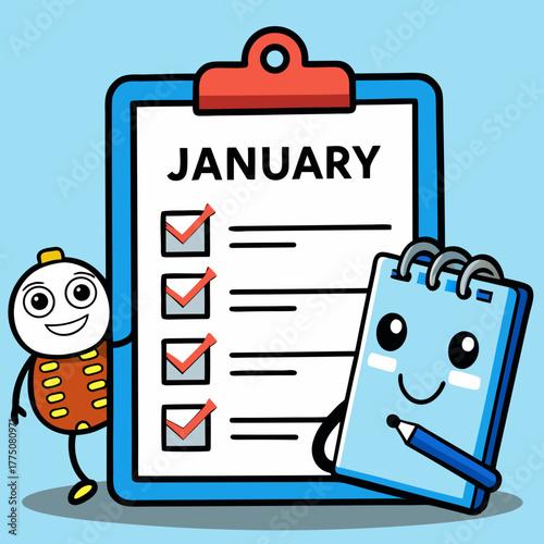 A january todo list with a clipboard, a notebook, and a lightbulb character isolated on a blue background