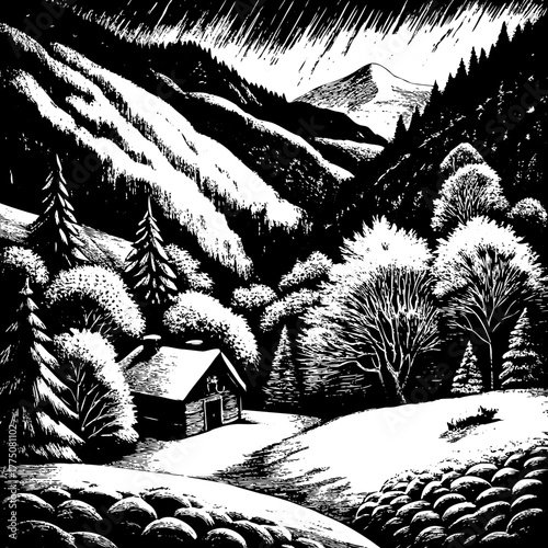 A snowy mountain landscape with a cabin nestled among the trees in winter