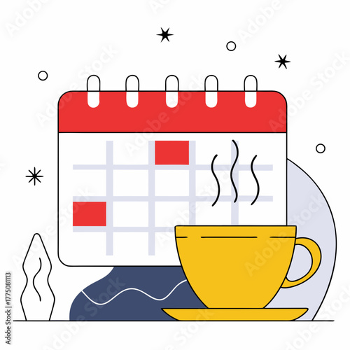 A yellow cup of coffee sits in front of a calendar