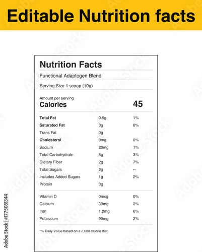 Functional adaptogen blend nutrition facts label design