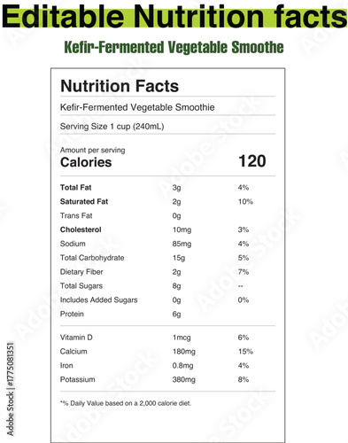 Nutrition facts label for kefir fermented vegetable smoothie