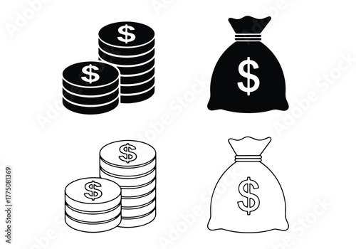 Money bag and coin stack icons finance graphics set - Vector icon symbol for website - Icon vector - Blue icon vector - Line and glyph solid icon set