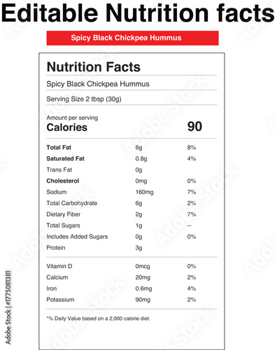 Spicy black chickpea hummus nutrition facts label design