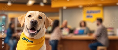 The Labrador Wearing an Adopt Me Bandana at a Busy Animal Shelter Adoption Event