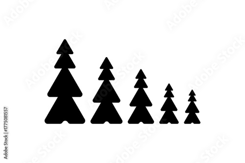 Pine Tree Silhouette Row – Minimalist Black Christmas Icons in Decreasing Size for Branding & Decor