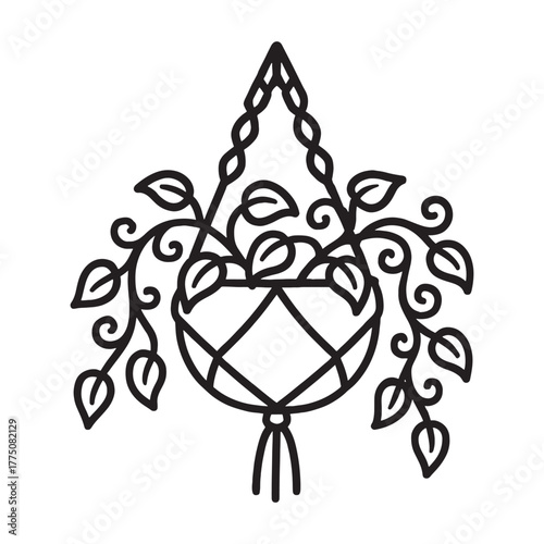Minimalist line art of a potted plant hanging in a macrame holder, decorative foliage spilling over the edges and a braided rope.