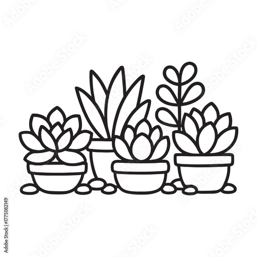Line art illustration of potted succulents and other houseplants, a minimalist collection of botanical elements in simple outline style for decorative use.