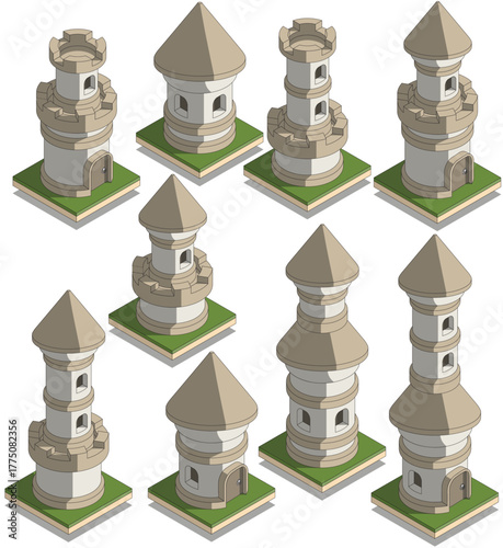 A set of medieval cylindrical houses. Isometric. Isolated on white background. Vector illustration.