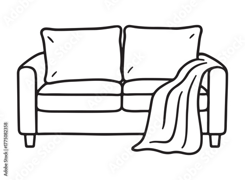 Simple line art drawing of a comfortable two-seater sofa with a draped blanket, perfect for interior design concepts.