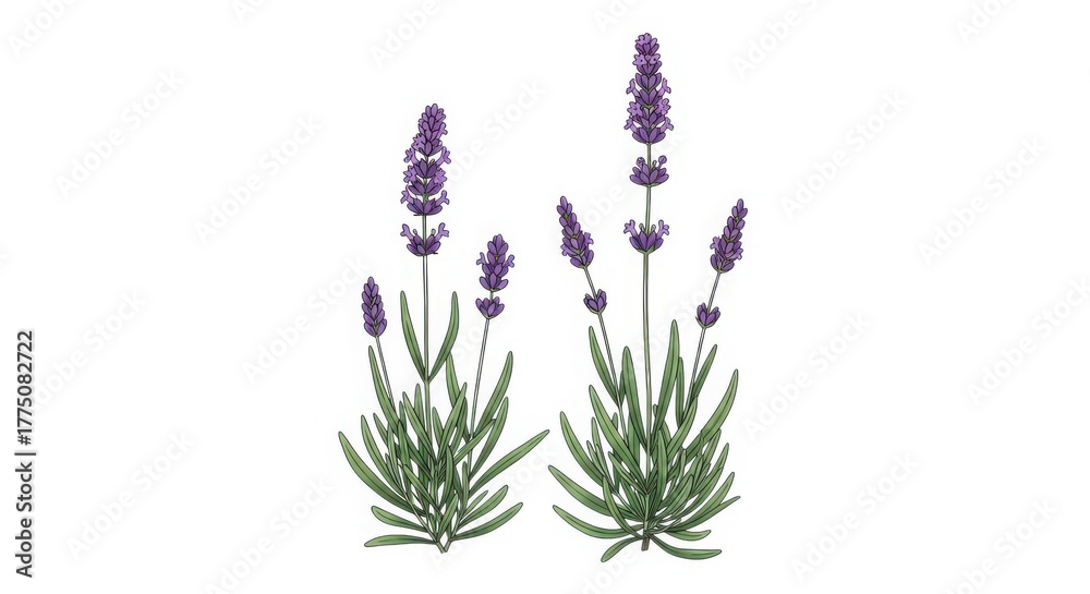 Obraz premium Two beautiful lavender plants with purple flowers and green leaves isolated on white background