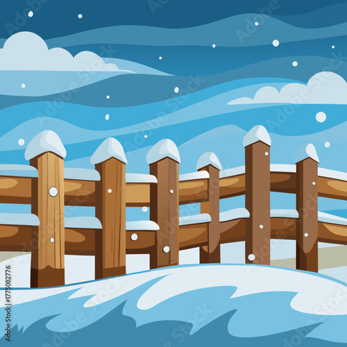Snowy fence in a winter landscape with snowcovered ground and a cloudy sky creating a peaceful and serene scene