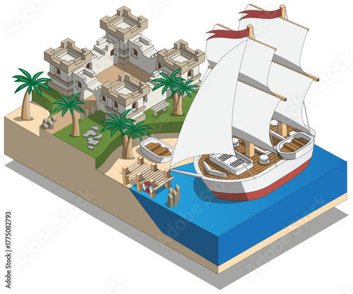 A sailboat at the pier near the castle. Isometric. Isolated on white background. Vector illustration.