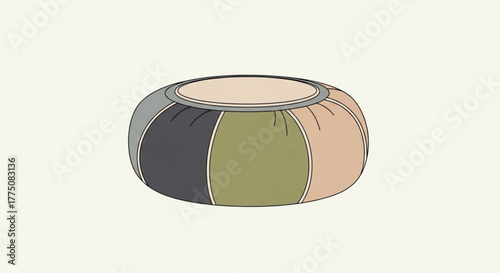 Round, multi-colored fabric pouf ottoman for comfortable seating isolated against a pale background.