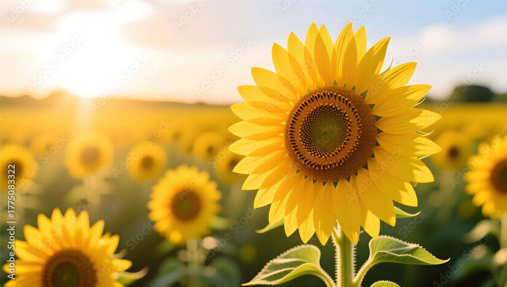 Fototapeta premium Sunflower field under warm summer sunlight