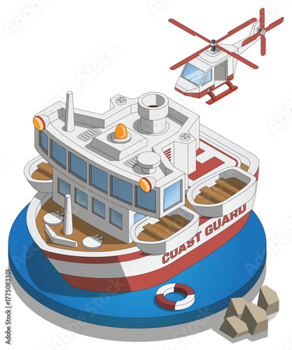 Rescue ship. Isometric. Isolated on white background. Vector illustration.