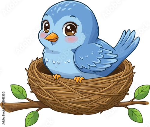 Cute blue bird sitting in nest on branch, adorable cartoon wildlife illustration, spring nature character design, cad drawing flat vector illustration