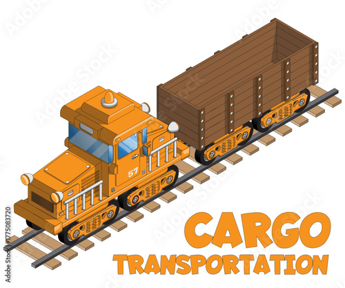 Freight train. Isometric. Isolated on white background. Side view. Vector illustration.
