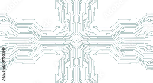 Abstract symmetrical circuit board pattern, depicting digital data flow and network connectivity, a clean technological design symbolizing modern innovation on white