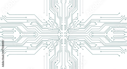 Symmetrical digital circuit board design illustrating futuristic technology and the flow of electronic data information