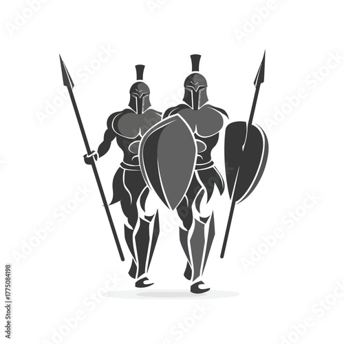 Two warrior figures holding weapons and shields in a vector illustration