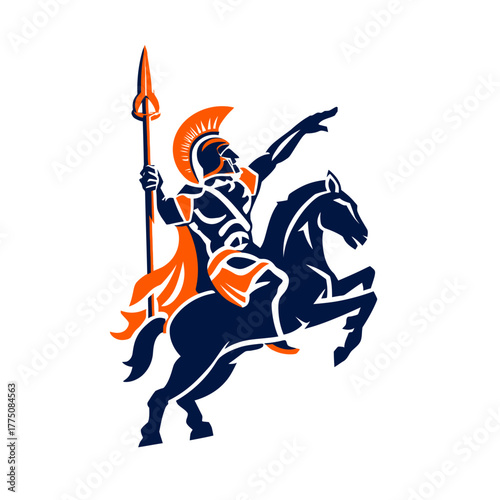 Stylized illustration of a warrior on horseback holding a spear against white background