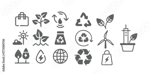 Eco & Recycling Icons Pack | Sustainable Environment Vector Set | Green Energy, Recycling, Nature Conservation Symbols