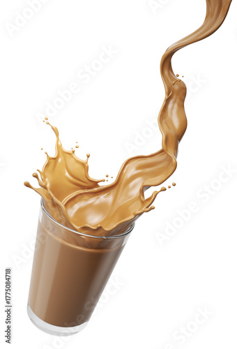 A glass of chocolate or coffee milk splashing upwards, isolated on white background, 3d illustration.