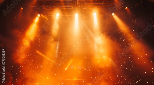 Experience the electric energy of vibrant concert lighting illuminating smoke filled stage with dynamic beams